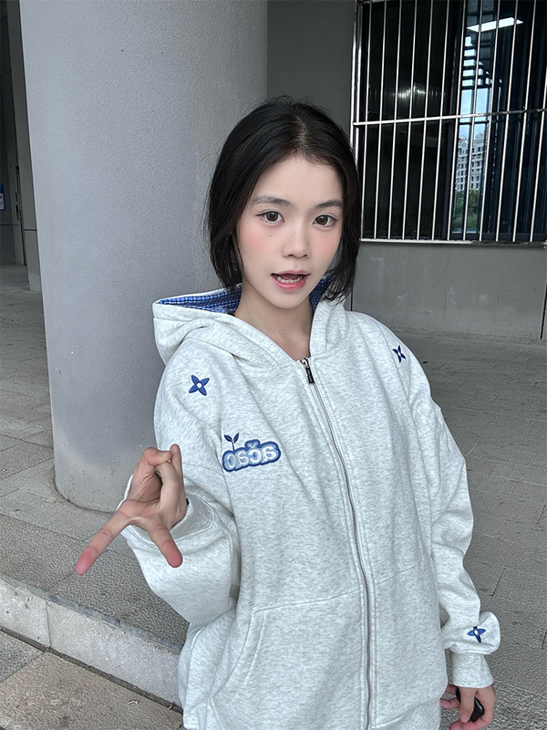 格子美式帽卫衣秋冬拼接格纹新款宽松连帽开衫卫衣女慵懒休闲外套|undefined