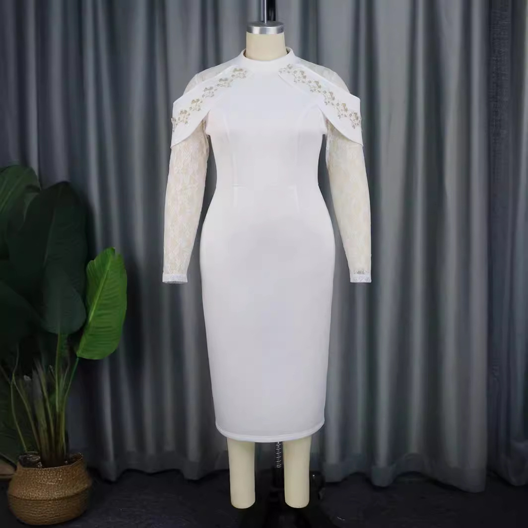 Abito in pizzo floreale da donna, temperamento elegante, piccolo colletto alto, gonna lunga fino alla vita, vestito_voghion.com