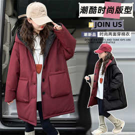 织里童装女童加厚棉衣冬装2024新款儿童洋气中长款夹棉外套女大童
