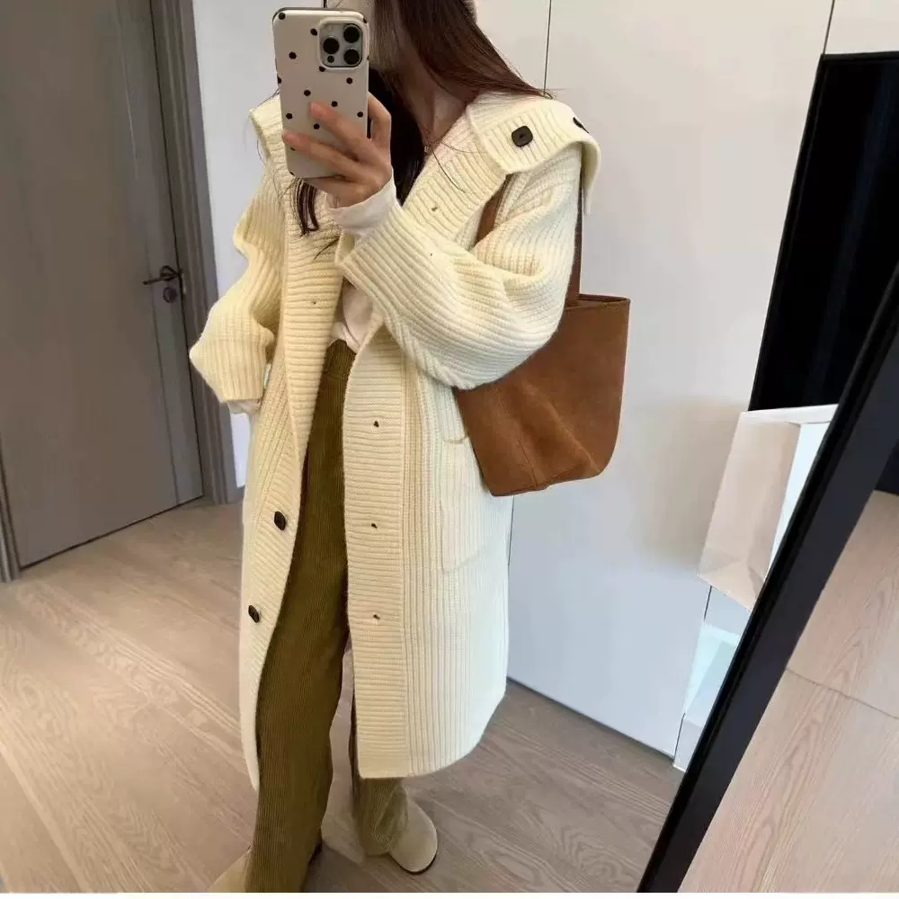 高级感大翻领中长款带口袋针织开衫秋冬女加厚宽松慵懒毛衣外套