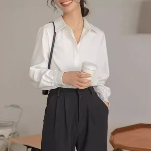 2025 Spring and Autumn Long-Sleeve White Women's Loose Casual Wrinkle-Resistant Design Style Unique Blouse with Drape Top