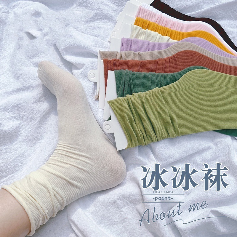 Mid-Socks Spring and Summer Women's Stacked Socks Solid Color Vintage Velvet Trendy Socks Women's Korean Ice Ice Socks