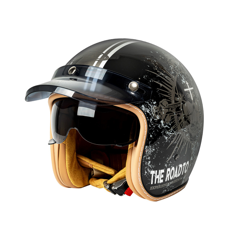 Changjia Zhixiao 3/4 Retro Motorcycle Helmet Electric Scooter Cruiser Half Helmet (Motosiklet kaskı (dəbilqə)) - blackbroken-skull-m