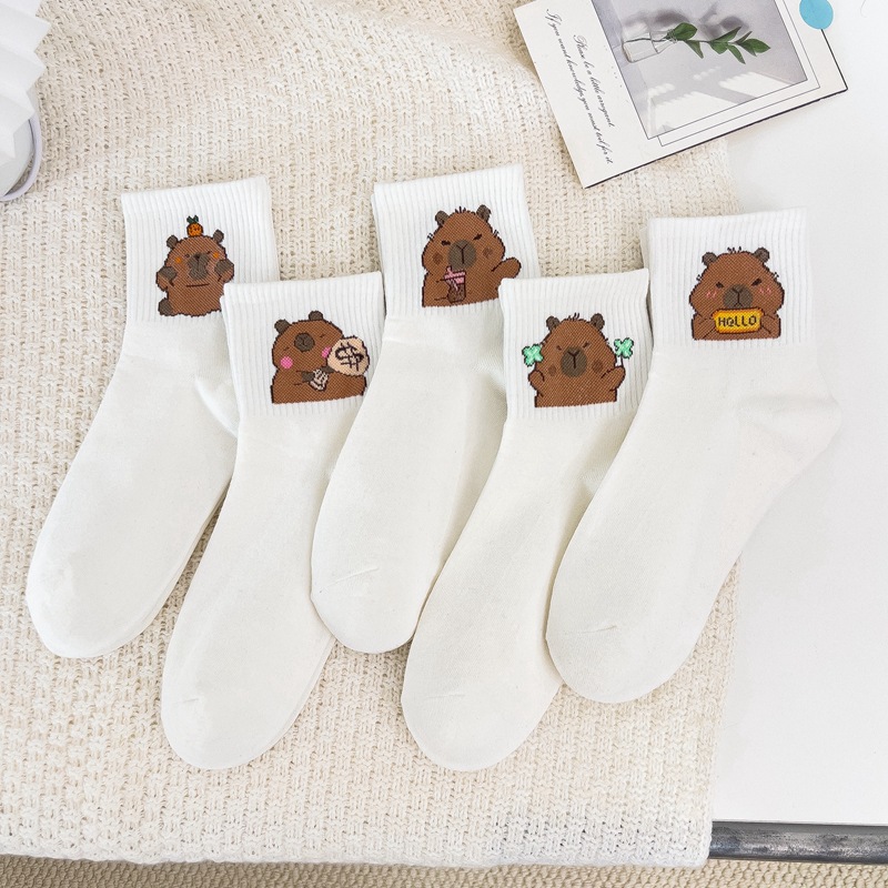動漫卡通襪子女 可愛水豚插畫中筒女襪 精梳棉白色男女襪休閒襪