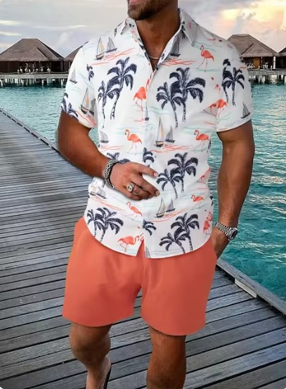 2024 europeo y americano transfronterizo verano AliExpress camisa de hombre casual suelto pantalones cortos de manga corta traje de playa impresión 3D