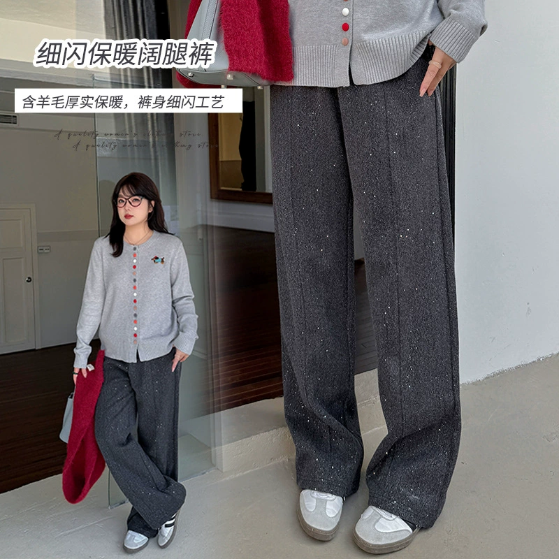 Женские шерстяные повседневные брюки больших размеров с тонким блестящим узором, новые зимние теплые широкие брюки с высокой талией 111997