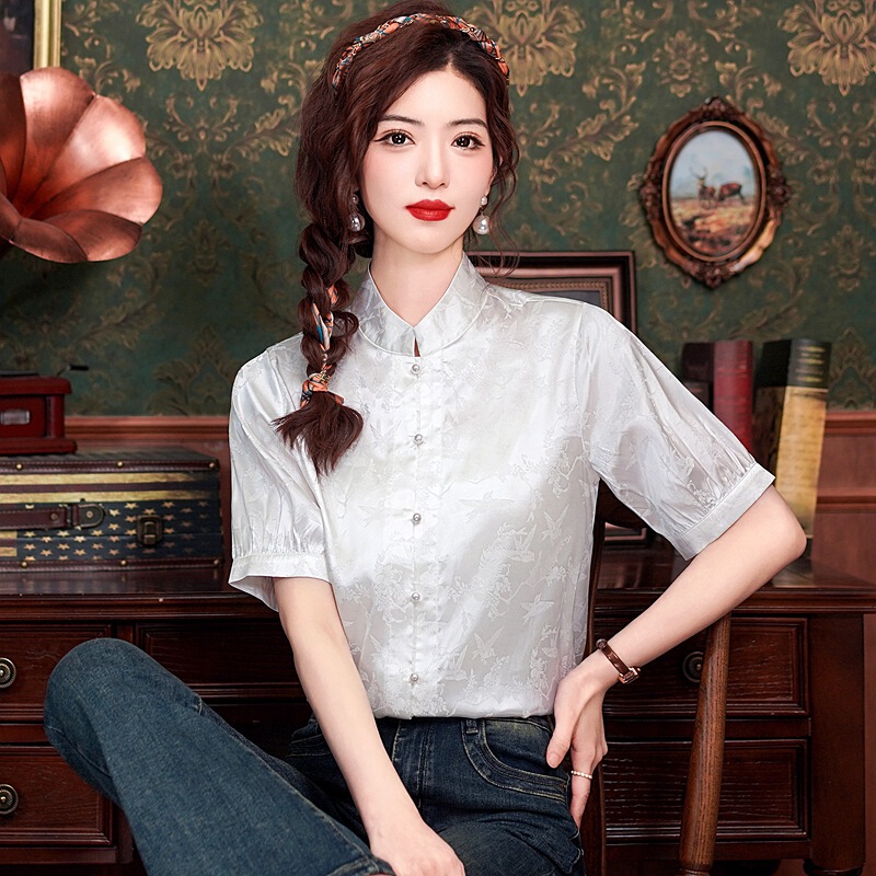 Chinese Style Improved Chinese Element Vertical Collar Short Sleeve Shirt Women's 2024 Summer New Style New Chinese Jacquard Shirt