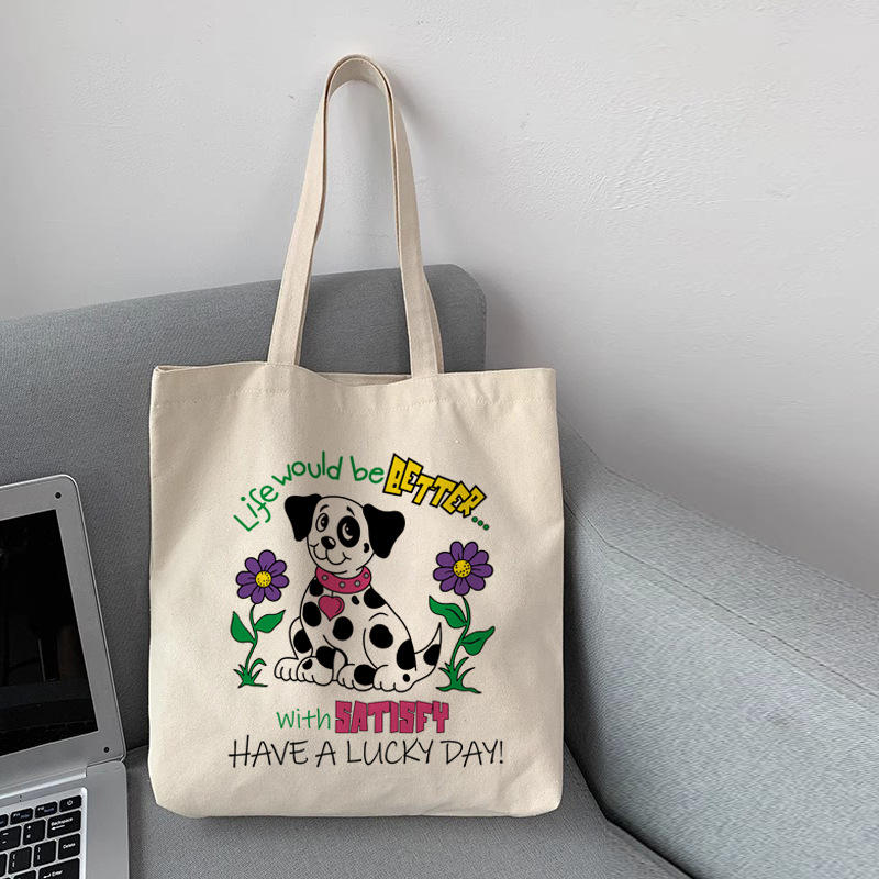 Nueva bolsa de lona de hombro de las mujeres lindo perro ilustración bolsa de lona de gran capacidad con cremallera estudiante clase tutorial bolsa