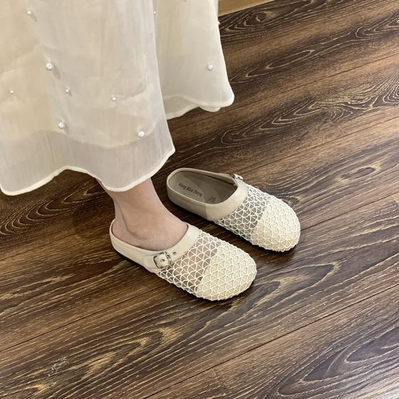 French-Style Niche Hollow Breathable Mesh Closed-Toe Mules for Women, Summer Outdoor Slip-On Thick-Soled Fishnet Birkenstock Shoes