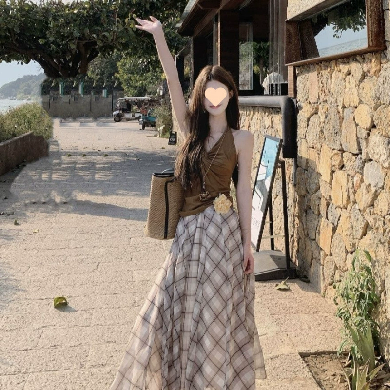 Юбка-трапеция для женщин, новинка 2025 года, летняя длинная юбка, коричневая клетчатая корейская марлевая юбка, дизайнерская юбка