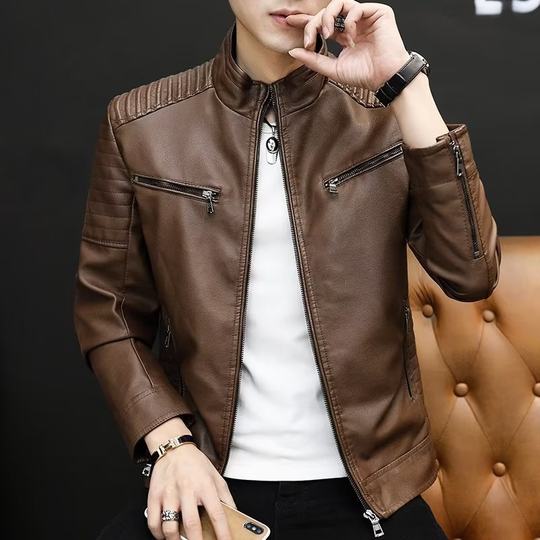 Leather Jacket Slim-fit Thickened Handsome Jacket Men's Casual Jacket Motorcycle Winter PU Trendy Spring and Autumn Leather Jacket