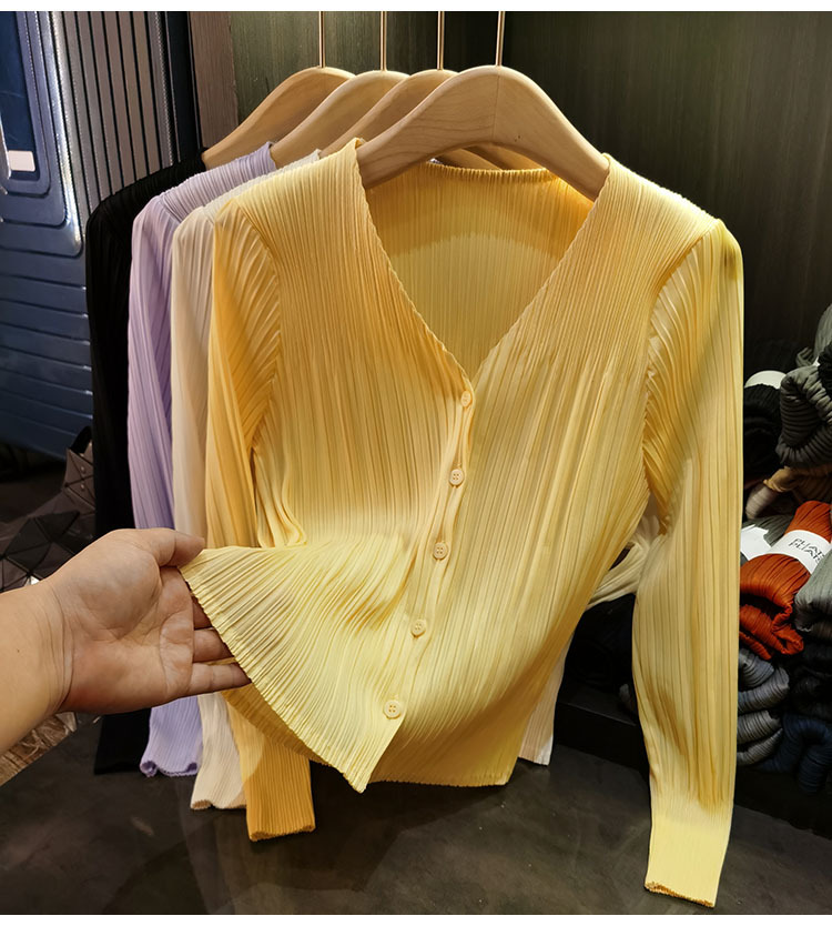 Áo cardigan cổ chữ V dáng ngắn tay dài mới xuân hè — Màu xanh lam nhạt, Màu đen, Màu tím nhạt, Màu hồng chi tiết 5