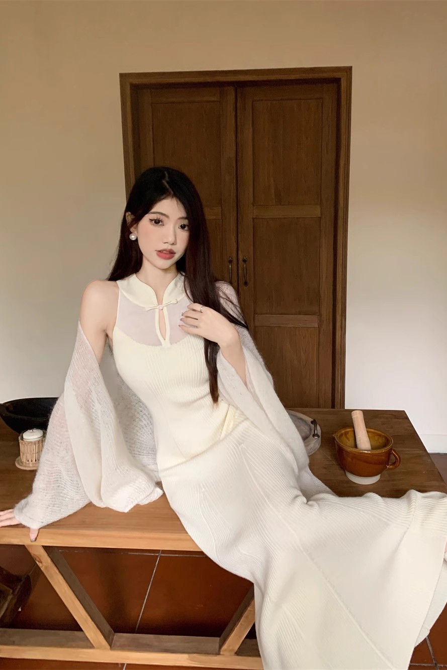 New Chinese Style Improved Cheongsam Sleeveless Knitted Dress Autum National Style Slim Fit Hip Skirt Fishtail Skirt Long Skirt