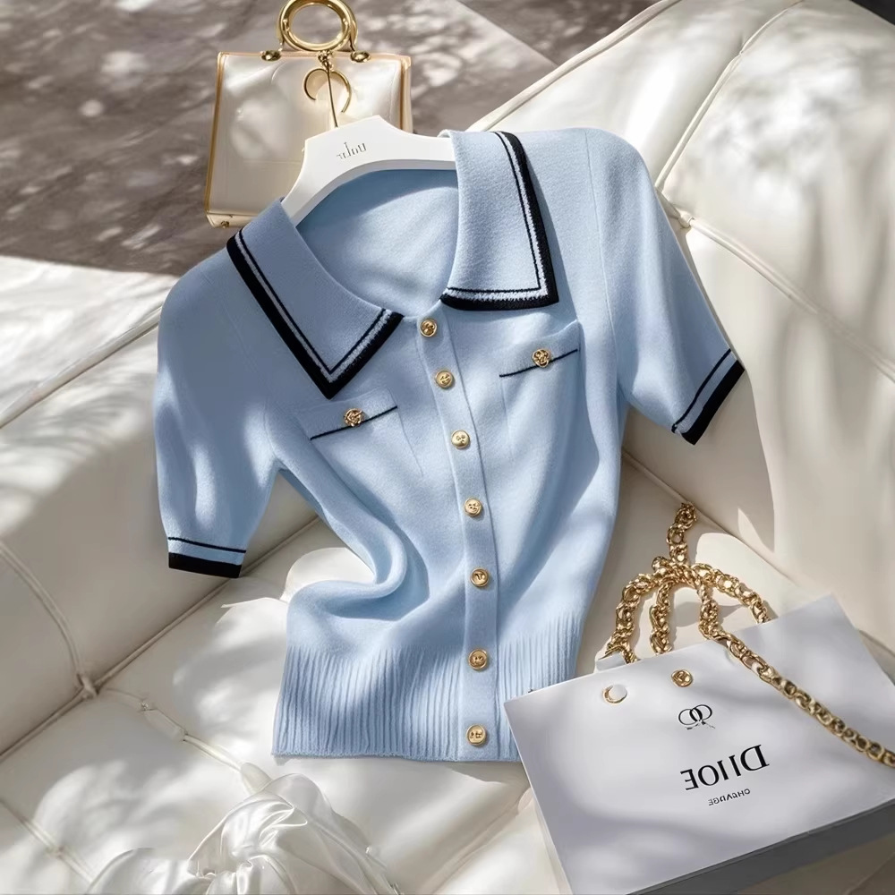Áo thun nữ polo cổ bẻ tay ngắn phối màu tương phản, chất liệu len lụa mát mẻ — màu xanh nhạt chi tiết 2