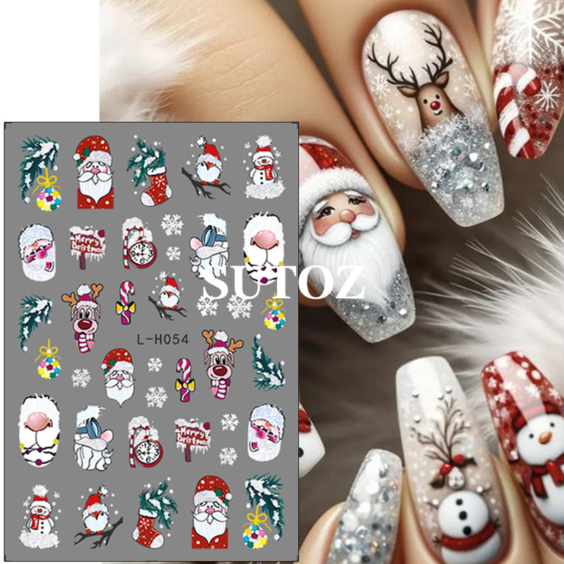 Cross-border Hot Christmas Nail Art Stickers Cartoon 3D Back Adhesive Stickers Christmas Snowman Elk Nail Stickers Decoration Wholesale