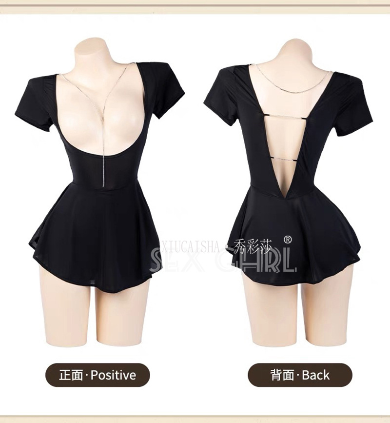 Deep V-Neck Babydoll Dress with Hollow-Out Design, Two-Way Wear, Black with Open-Crotch Stockings — detail image 8