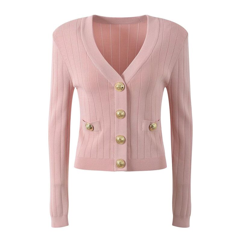 B Brand 2026 Spring and Autumn New Style B Brand Luxurious Chanel-Style Gold Buckle Slim Fit Shoulder Pad Jacket V-Neck Knitted Cardigan B Brand 2026 Spring and Autumn New Style B Brand Luxurious Chanel-Style Gold Buckle Slim Fit Shoulder Pad Jacket V-Neck Knitted Cardigan