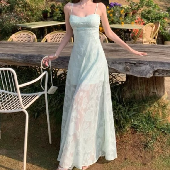 French Mint Mambo Lace Suspender Dress for Women Summer New Seaside Resort Style Waist Long Skirt