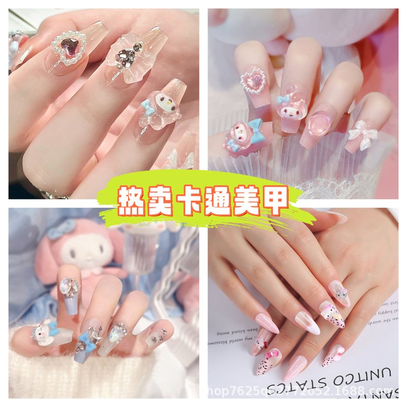 Cross-Border Hot-Selling 24-Piece Boxed Wearable Nails with Cartoon 3D Decorations, Pearl Heart, Bow, Gradient Nail Art Pieces