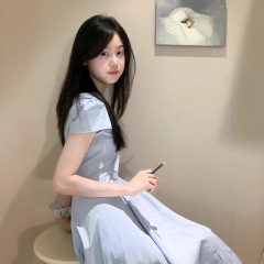 2025小个子法式蓝色连衣裙子女夏2025年新款流行单品漂亮掐腰长裙