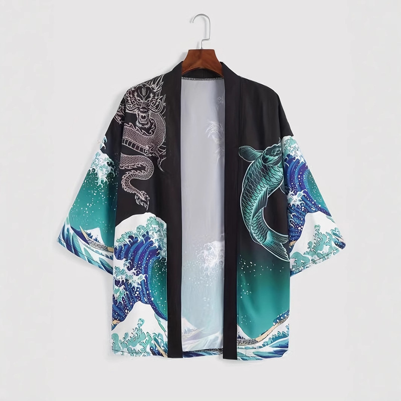 Japanese Style Ukiyo-E Haori Wave Dragon Teng Splicing Printed Fashionable Loose Five-Quarter Sleeve Custom Sublimation Shirt
