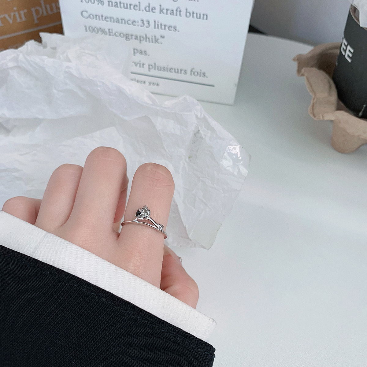 s925 Silver Black Diamond Flower Open Ring Image 8