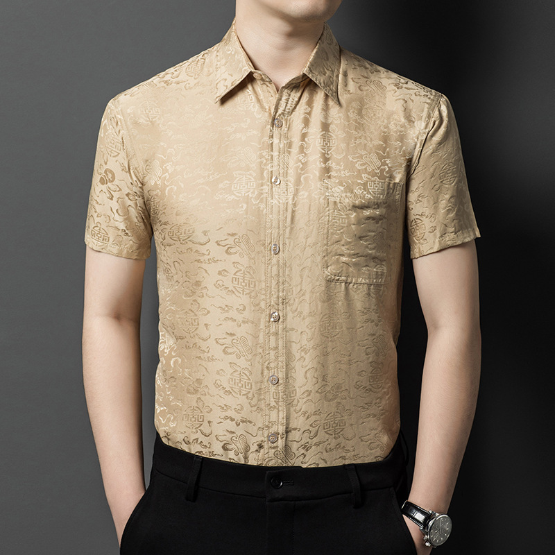 High-End 100% Mulberry Silk Shirt Short-Sleeved Silk Summer Middle-Aged Men's Pocket Shirt Business Casual Men's Thin Clothing