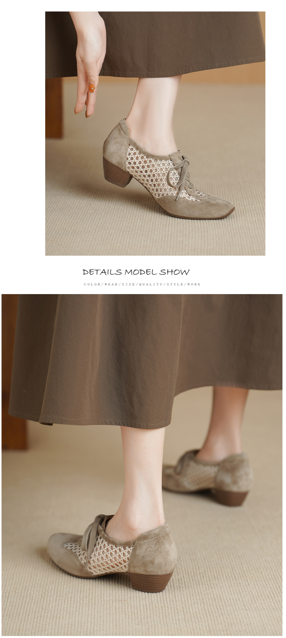 Giày sandal cao gót nữ hở mũi phối lưới, gót 4 cm, phong cách vintage — đen chi tiết 8