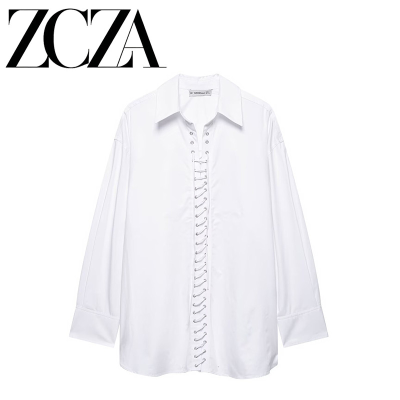 Zcza Self-Made European and American Style New Women's Fashion Versatile Cross-Border French-Style Daily Front-Tie Shirt