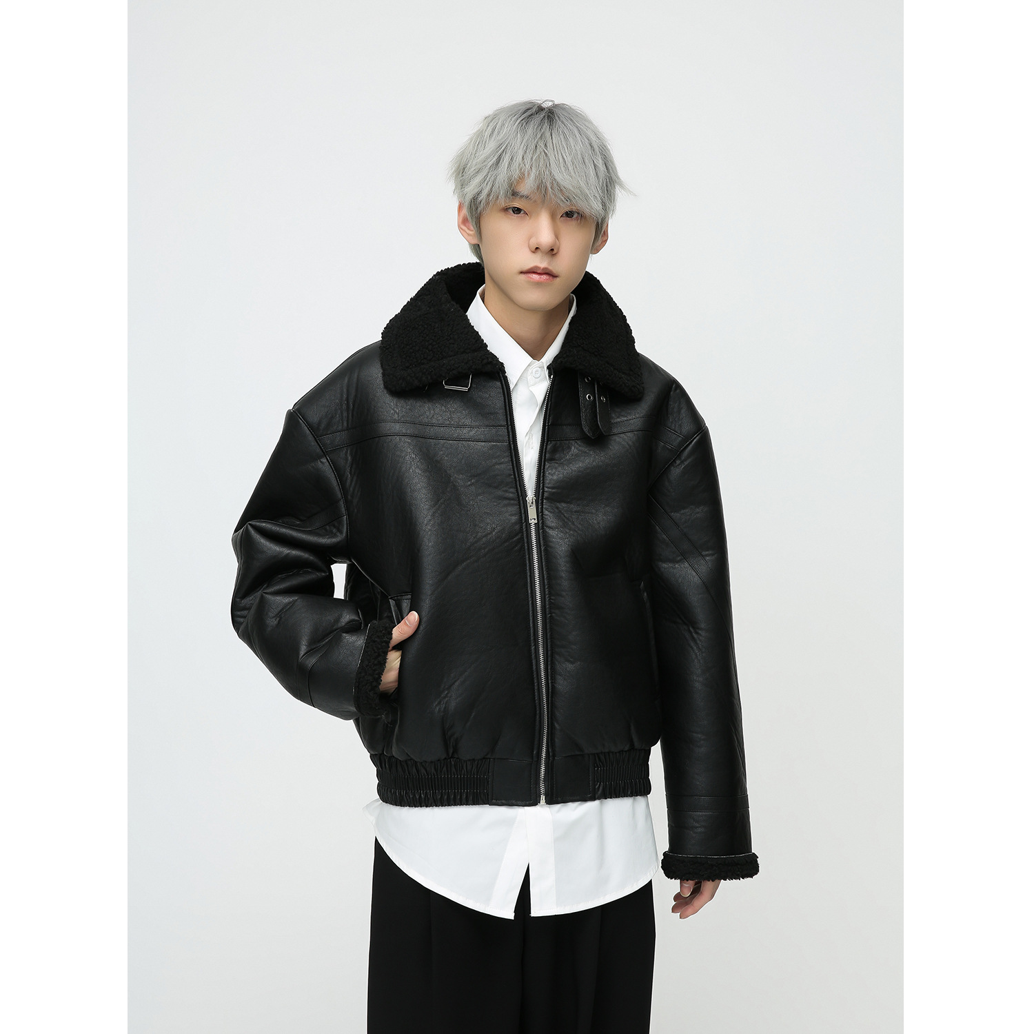 MTLCLOTHESMen's Clothing|Winter Korean Style Loose Lamb Fur One-piece Stand Collar Leather Jacket For Men