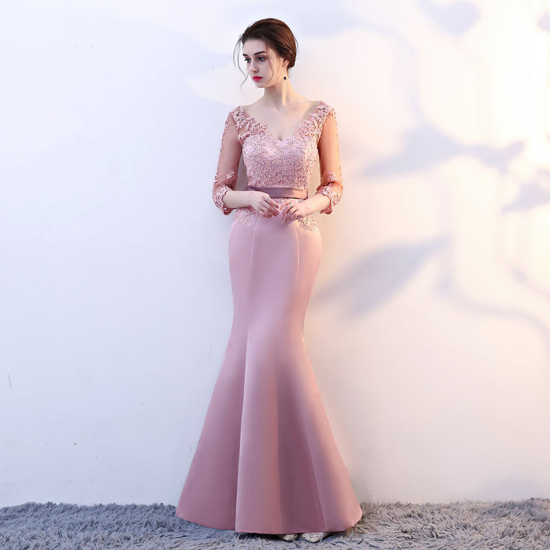 Comercio exterior europeo y americano Amazon AliExpress deseo vestido de noche con cuello en V encaje con cuentas fishtail Slim adelgazamiento largo image 1