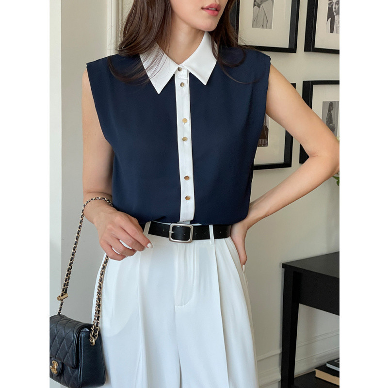 Old-fashioned charm: Korean Dongdaemun sleeveless chiffon top, patchwork design, slim-fit cardigan, Korean-style shirt, chiffon blouse Old-fashioned charm: Korean Dongdaemun sleeveless chiffon top, patchwork design, slim-fit cardigan, Korean-style shirt, chiffon blouse
