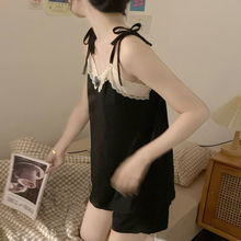 睡衣女夏天吊带+短裤两件套性感小清新蕾丝边坑条系带家居服套装