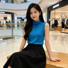 明星同款小众时髦亲肤透气冰岛蓝垂荡半高领针织背心上衣女夏