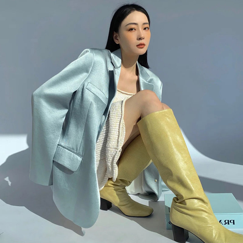 醋酸经典老爹西装外套2021夏季新款韩版宽松休闲薄荷绿西服上衣女