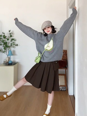 日系慵懒风宽松套头毛衣女秋季2025新款软糯趣味梨子提花针织上衣