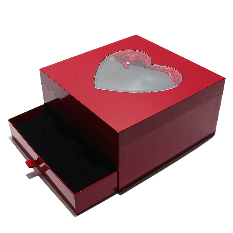 Caja de regalo de embalaje de cosméticos de doble capa roja de alta gama para el día de San Valentín con ventana abierta