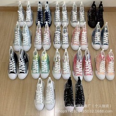 ヨーロッパ駅D家高帮男靴2024通気性キャンバス靴白靴女性フラットプリントアルファベット運動板靴