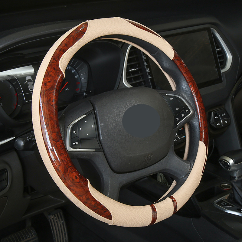 Car steering wheel cover in wood grain leather, suitable for all seasons, non-slip grip cover, car interior decoration, available for cross-border sale