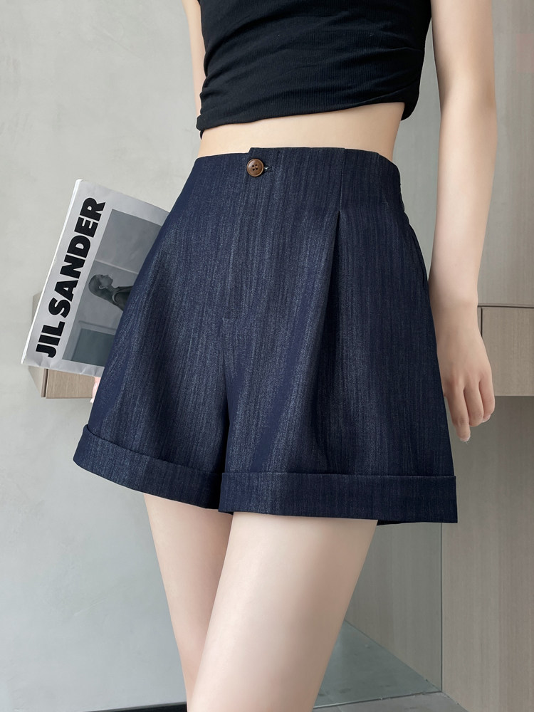 Quần short jean nữ lưng cao ống rộng gấu cuộn — màu đen