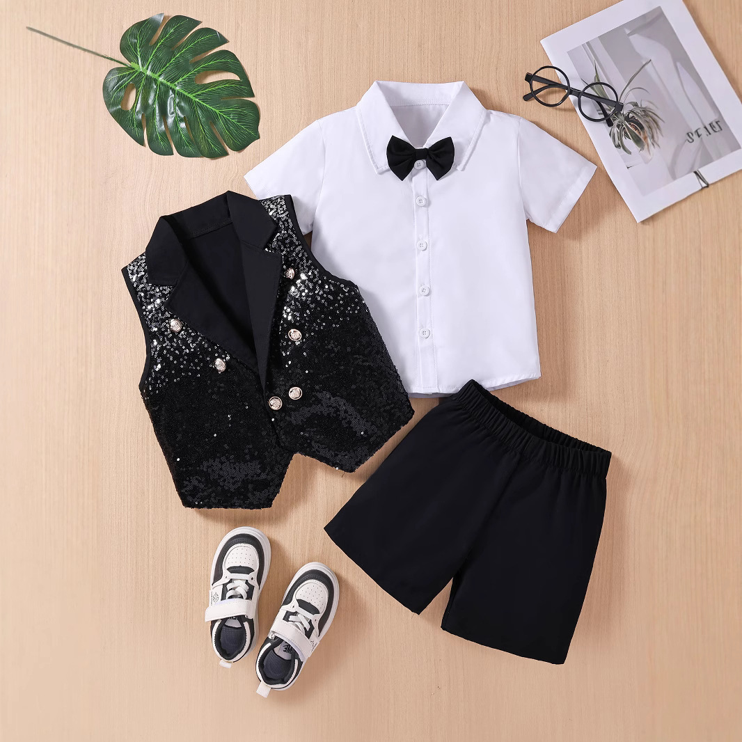 Europe and the United States cross-border direct selling boys summer sequin vest shirt shorts three-piece primary school students performance dress suit
