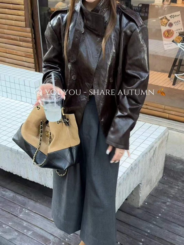 甜酷机车皮衣外套女欧洲站2025年秋季新款休闲立领双排扣夹克上衣|undefined