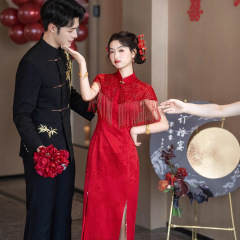 一字肩敬酒服新娘高级感新中式酒红色结婚订婚礼服女高端刺绣长裙