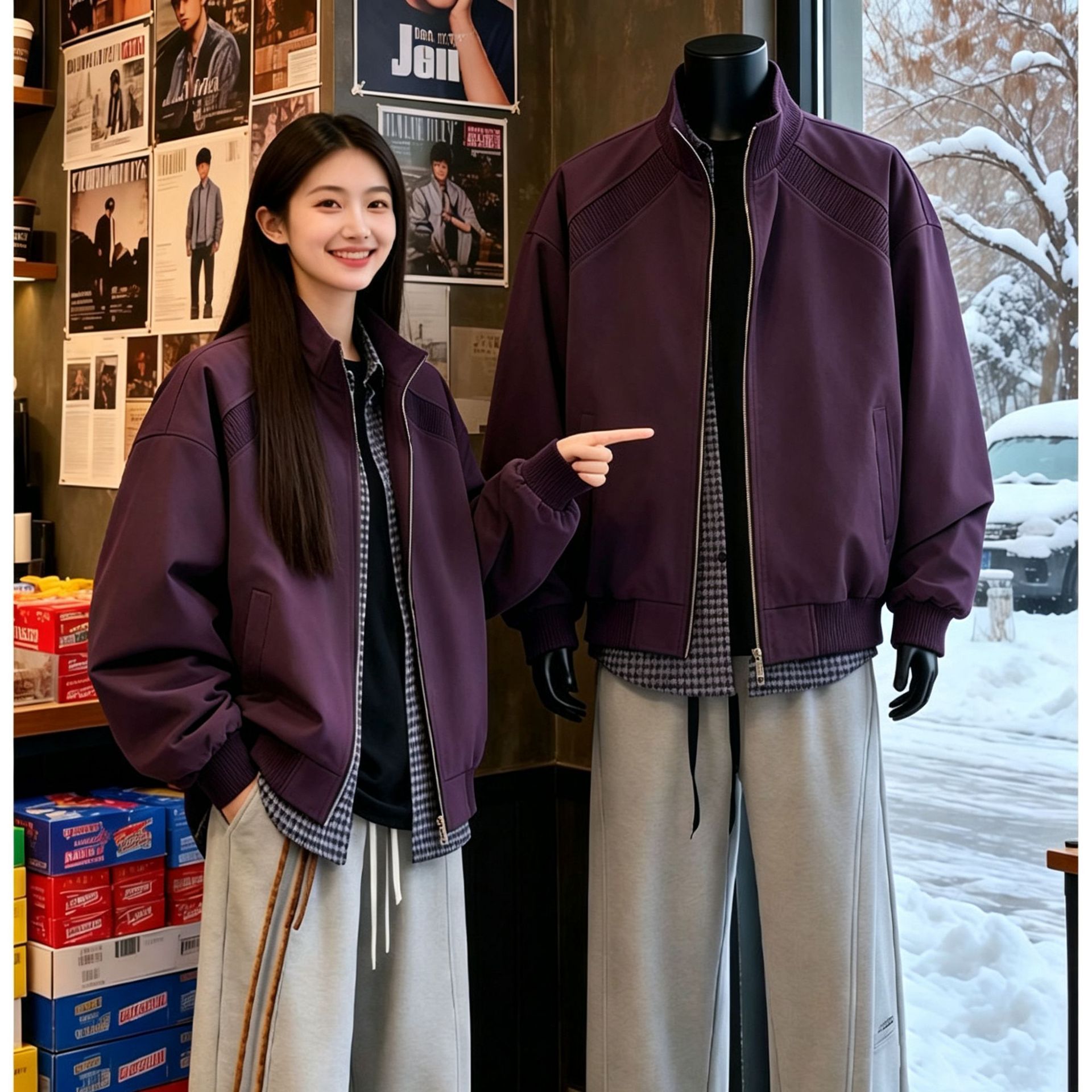 Purple American-style flight jacket, unisex, trendy and stylish baseball jacket, clean fit.