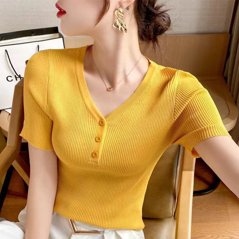 Korean style summer new all-match slim T-shirt women's short sleeve thin ice silk V-neck bottoming sweater inner top women