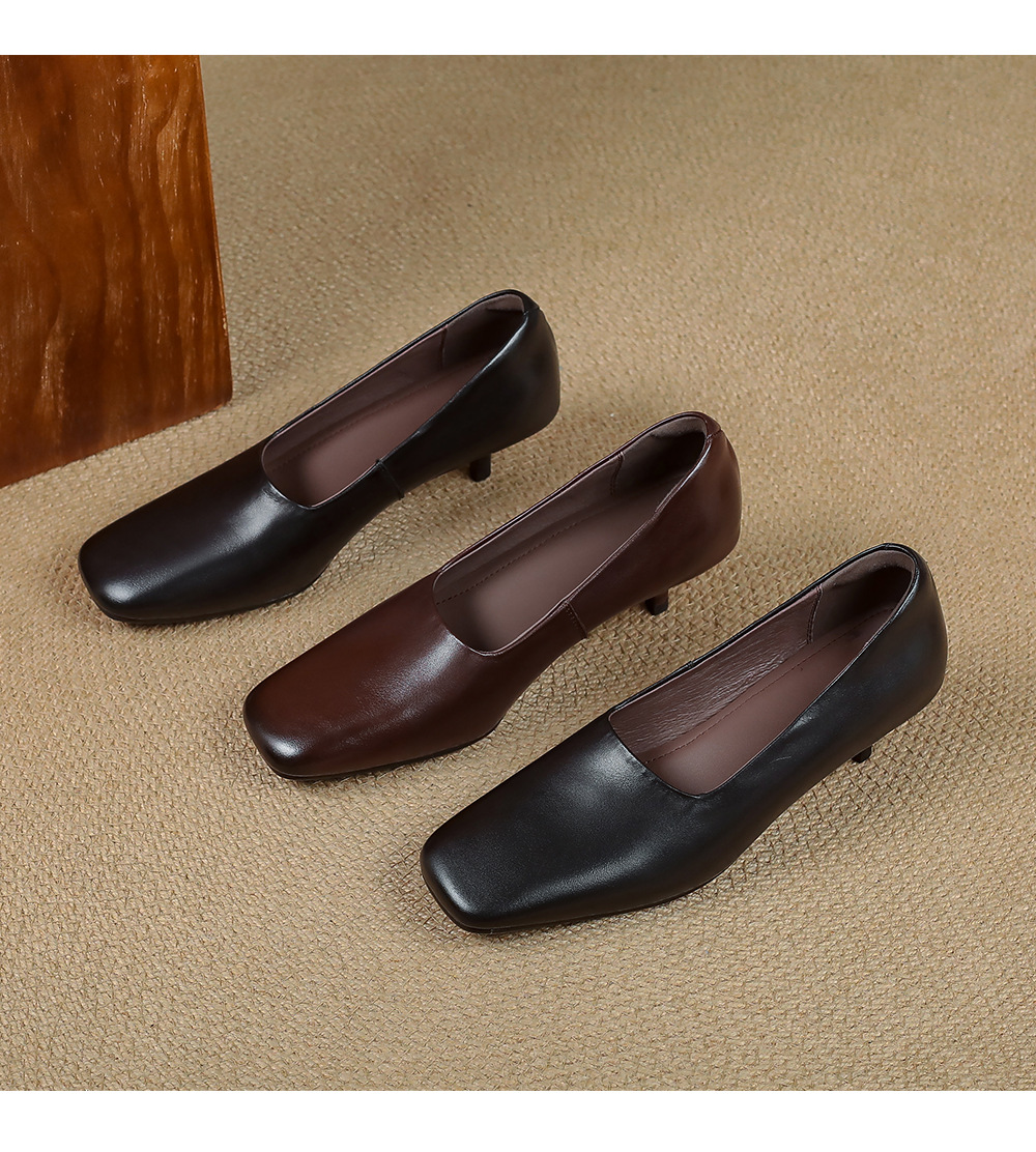 Giày nữ gót trung bình 4 cm mũi vuông da cừu kiểu bà ngoại đi làm — màu nâu chi tiết 15