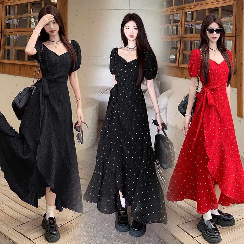 Plus-Size French-Style Sweet Polka Dot Dress 2026 Summer Korean Version V-Neck Short-Sleeve Waist-Cinching Irregular A-Line Long Dress for Plus-Size Women