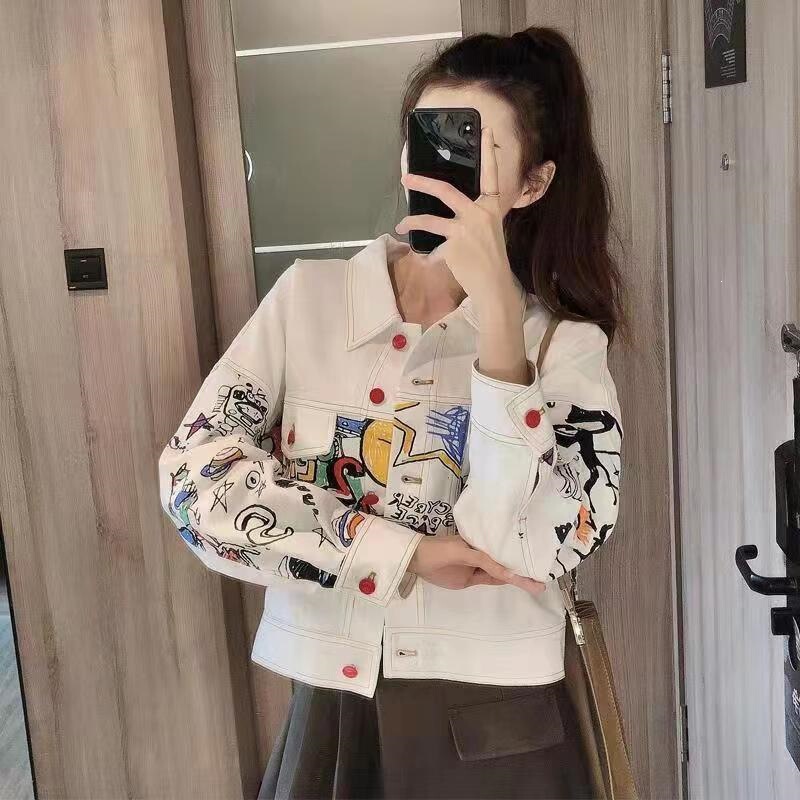 Graffiti Korean-Style Workwear Jacket with Print, Loose Denim Coat, New Trendy College-Style Streetwear Short Jacket