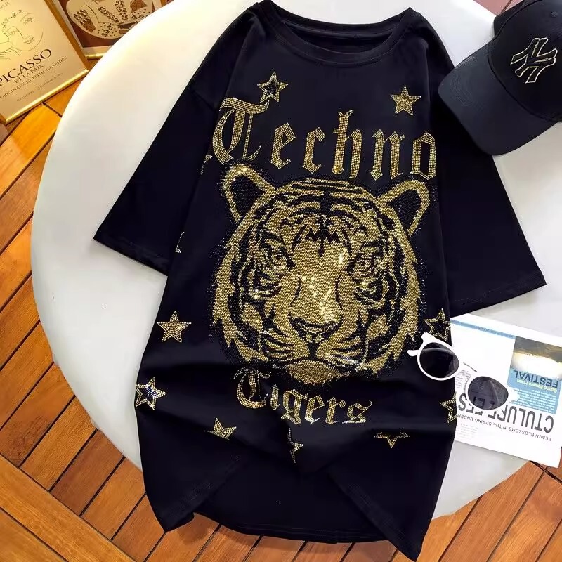 Extras Size 1.00 kg-150.00 kg chubby girl Heavy Industry Full Diamond Tiger Head Back Wings Hot Drilling Short Sleeve T-Shirt Women's Black Top Trendy