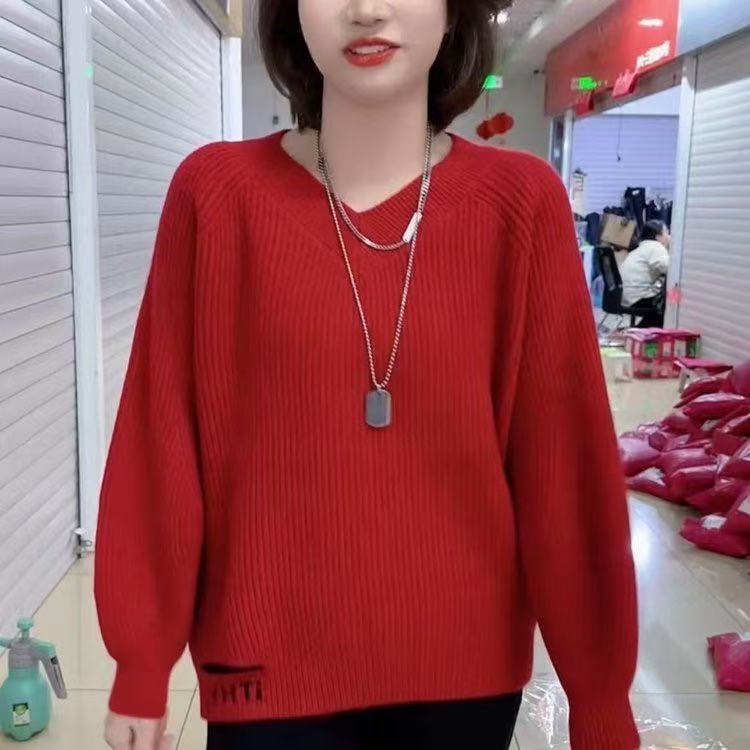 Dropshipping Autumn and Winter New Solid Color V-Neck Knit Sweater for Women, Loose Plus-Size Thick Embroidered Sweater for Women Dropshipping Autumn and Winter New Solid Color V-Neck Knit Sweater for Women, Loose Plus-Size Thick Embroidered Sweater for Women